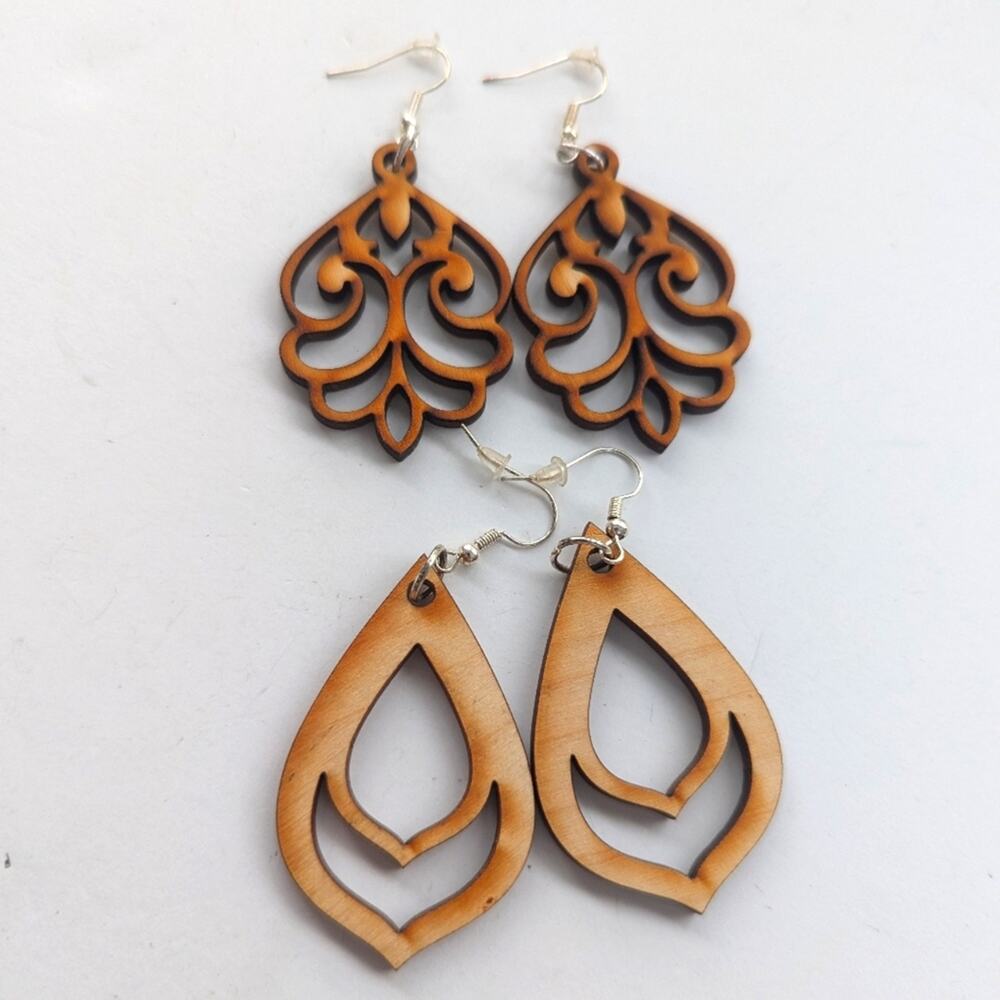 Beachy Open Work Floral Scrolling Carved Wood Boho Dangle Hook Earrings